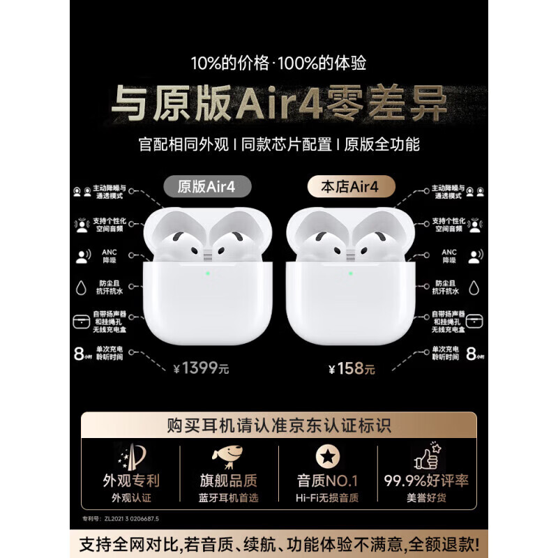 华强北爆款【直营正品丨降噪Air4代】 华强北蓝牙耳机真Air4无线耳机ANC降噪半入耳式iPhone17/16Pods 原版正装全功能顶配版 主动降噪+空间音频+头部追踪