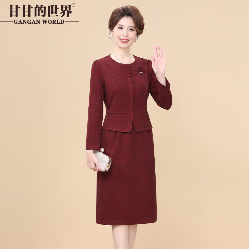 甘甘的世界2025冬新款洋氣時尚假兩件套連衣裙甘夫人裝喜婆婆婚宴女裝 紅色 3XL 適合130-140斤