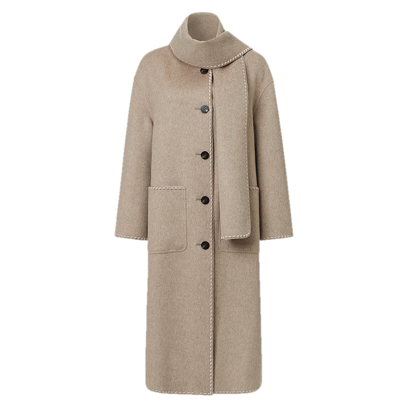 VGRASS26冬季新款綿羊毛混紡雙面呢含駱駝絨貝殼繡大衣可拆卸圍巾 奶茶棕色 XS