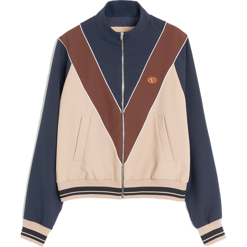 華倫天奴VALENTINO[禮物]男士 VLOGO 貼片拉鏈尼龍衛(wèi)衣外套 藍(lán)色/榛子色/黃油白色 2XL