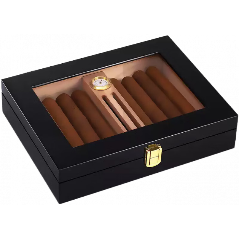 漢尼庫克（HANNICOOK）雪松木雪茄盒保濕盒 古巴便攜雪茄煙盒子樂扣保濕箱 黑色約裝(不含雪茄) 15支