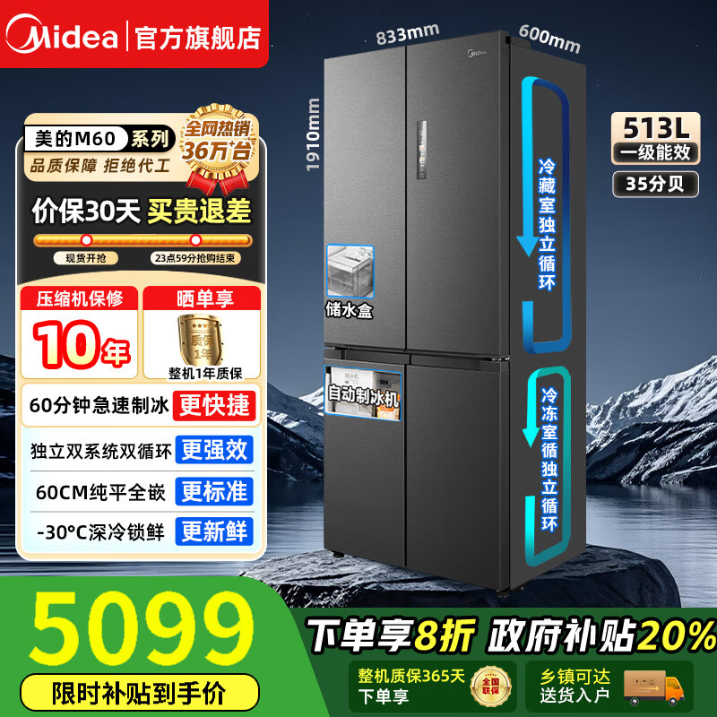 美的（Midea）【国家补贴】M60电冰箱550/541/539法式四多开门独立制冰超薄零全嵌入式双系统循环变频家用大容