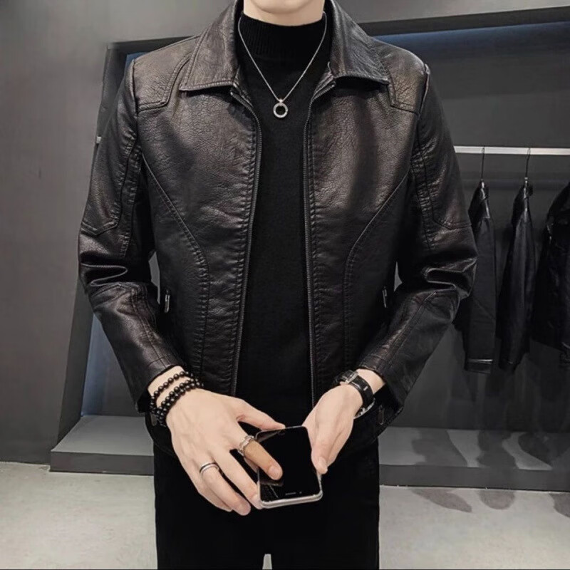 新款翻领皮夹克潮流修身机车休闲韩版CLp推翻领加绒皮夹克jd 黑色 M 建议90-100斤