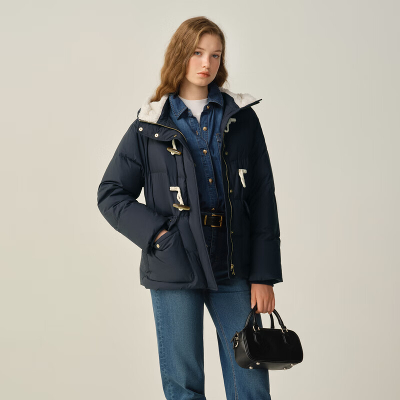ELAND衣恋羽绒服女时尚带帽长袖鸭绒外套2025冬季新款 藏青色(59)Navy M /165