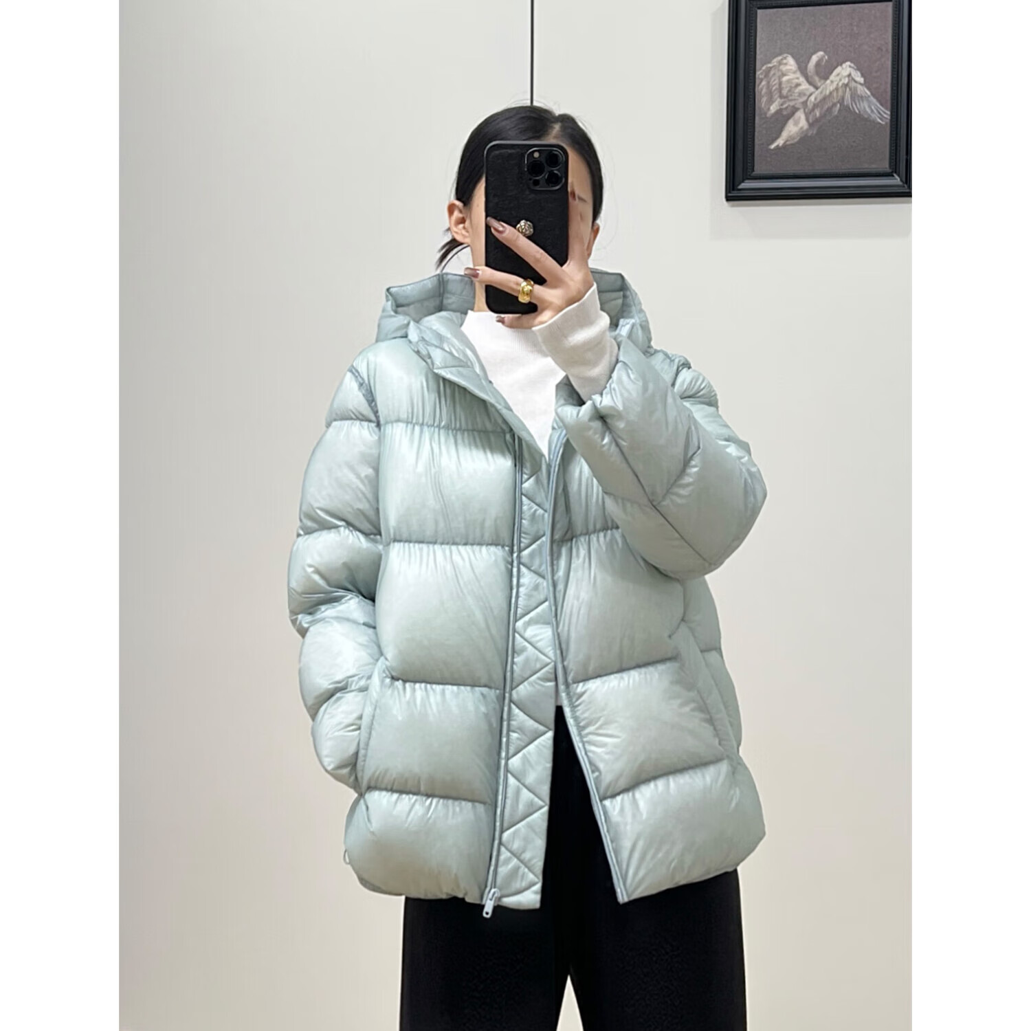 ZOPL【达人推荐】2025年冬lu同款连帽泡芙羽绒服女短款90白鹅绒W001 星蓝色 M (6) 充绒量117g