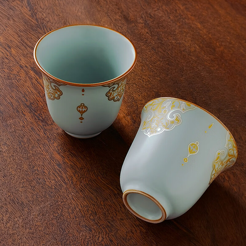 青禾窑天青色汝窑茶杯陶瓷开片可养大容量闻香主人杯单杯主人杯功夫茶具 天青汝窑如意卷草纹(手握杯 单杯)