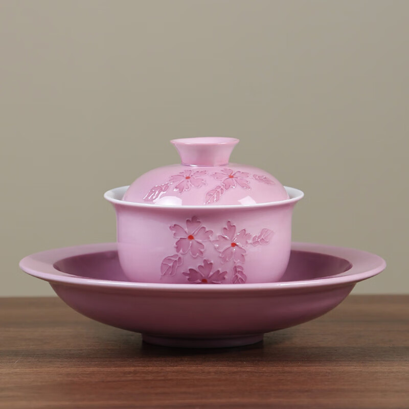祥业高颜值手绘堆雕盖碗茶杯套女士个人专用手抓泡茶碗家用陶瓷茶具 手绘堆雕樱花圆满盖碗+托盘
