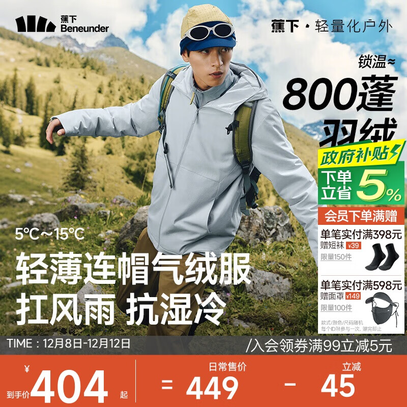 蕉下（beneunder）气绒服男士秋冬季保暖连帽轻薄夹克外套户外CL233薄灰蓝2XL