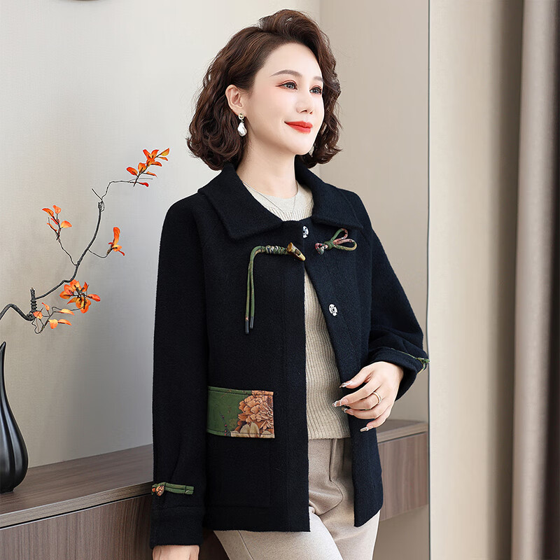 兰铂丽斯中年女装时尚水貂绒大衣秋冬季洋派外套气质妈妈春装高贵呢子上衣 黑色 厚款 2XL 110-120斤