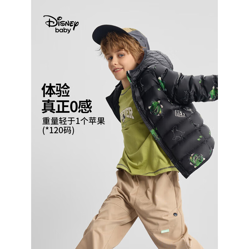 迪士尼(Disney)男女童90绒轻薄羽绒服2026秋冬季卡通满印中大童保暖连帽羽绒外套 黑色 【五防科技面料】 110 【建议身高105-115cm,体重30-40斤】