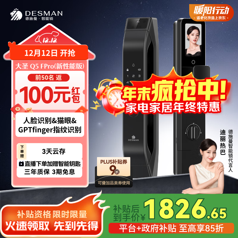 德施曼（DESMAN）智能门锁C级锁芯人脸识别大屏密码电子锁大圣Q5FPro（新性能版）