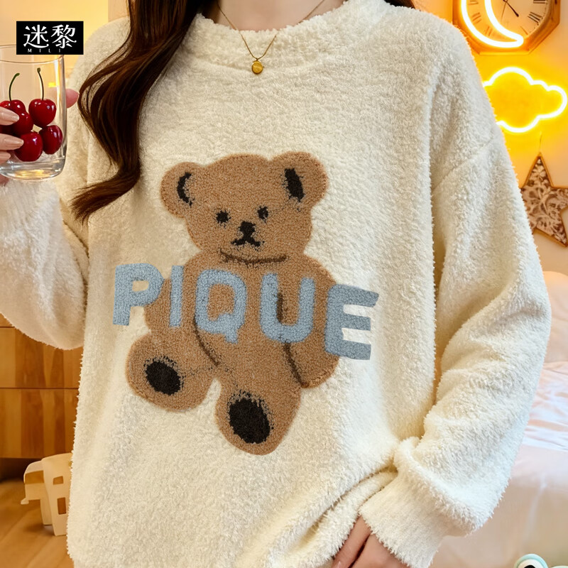 迷黎小熊图案可爱半边绒睡衣家居服套装少女风保暖女装 米色 XL