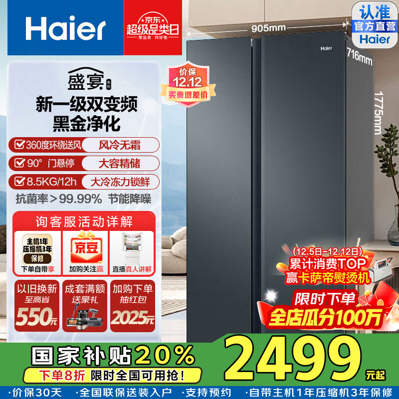 海尔（Haier）国家补贴20%冰箱双开门冰箱616升对开门二门电冰箱一级能效变频大容量超薄家用冰箱风冷无霜双门 【咨询领补贴】BCD-616WGHSSEDC9