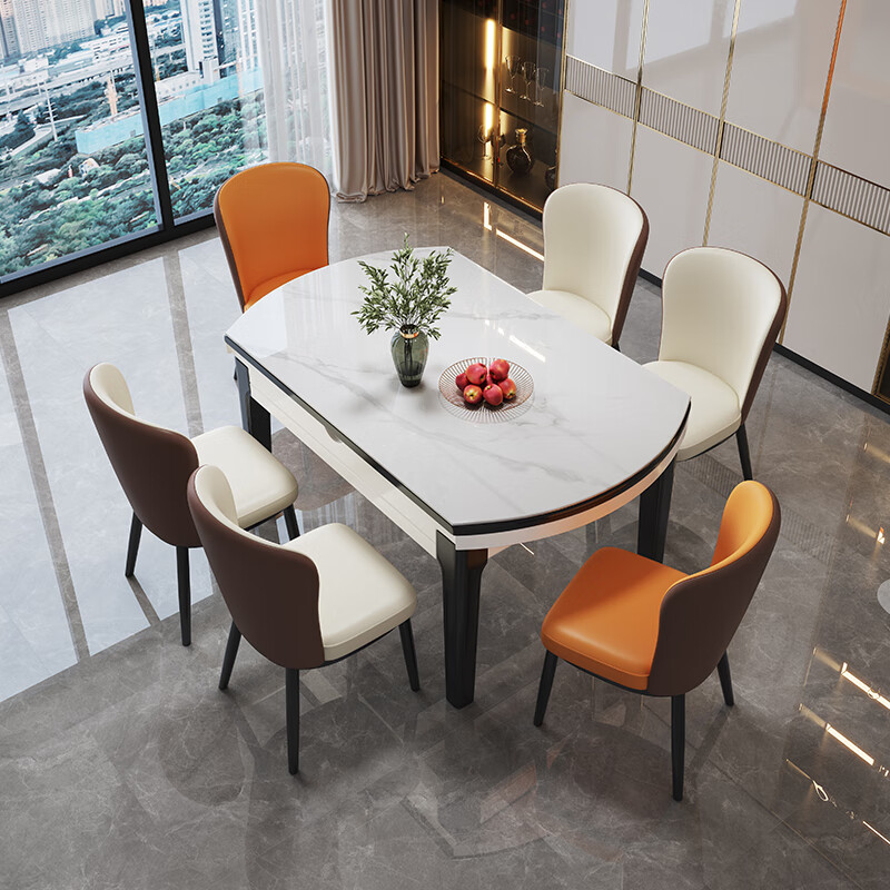 木斌岩板餐桌椅子全套轻奢现代简约家用小户型伸缩可折叠饭桌可变圆桌 【12MM岩板】 1桌6贝勒椅 （全国联保） 1.35米