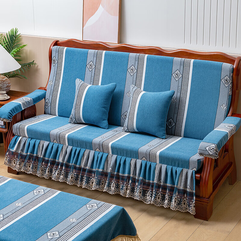 实木沙发垫带靠背裙边老式红木质加厚坐垫连体春秋联邦椅海绵垫子 铃兰花裙摆 90x150cm桌布