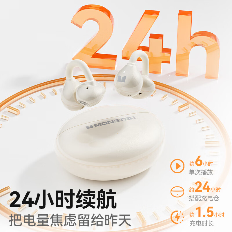 魔声(Monster)Open Ear AC226/AC200/AC220蓝牙耳机耳夹式开放式耳机跑步运动耳机通话降噪夹耳耳机 AC200锖黑色【AI智能+40h时长+4g舒适佩戴】