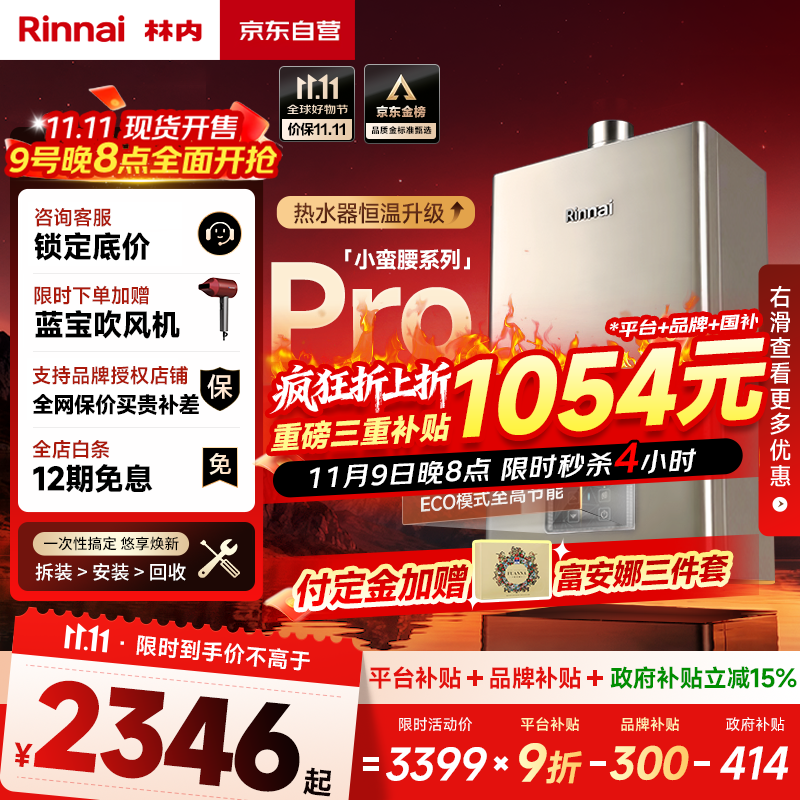 林内（Rinnai）【小蛮腰Pro】13升燃气热水器天然气【国家补贴15%】恒温低水压启动 ECO节能13GD32（JSQ26-GD32）