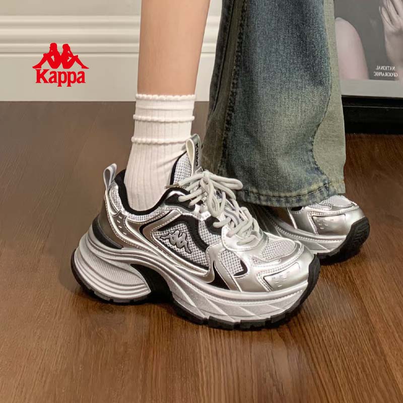 卡帕卡帕女鞋百搭老爹鞋女2025秋冬新款软底休闲鞋厚底增高运动鞋子女 银色/黑色 38