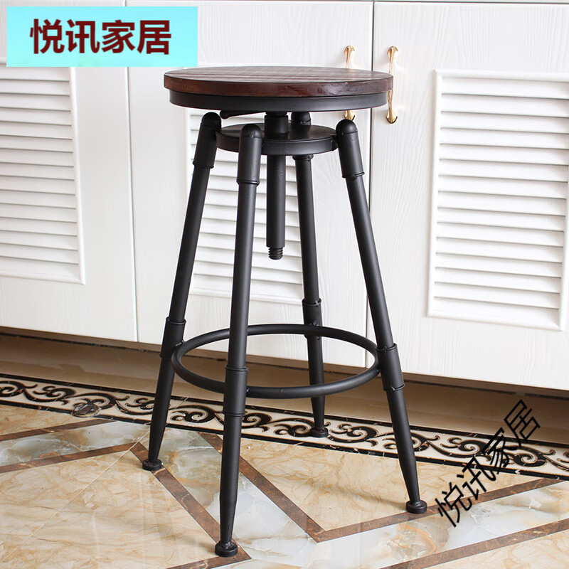 憶凡鐵藝升降吧臺(tái)椅旋轉(zhuǎn)椅靠背美容復(fù)古高腳椅酒吧前臺(tái)椅現(xiàn)代簡(jiǎn) 木面深+無靠背