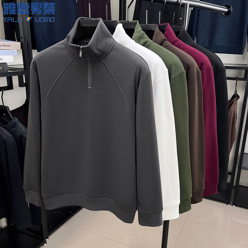 雅鹿男装拉链德绒卫衣男2025年秋季新款商务休闲套头宽松男士上衣 灰色 L (110)（建议120-130斤）