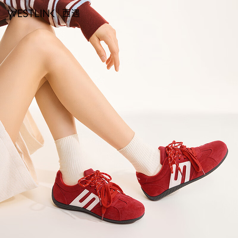 西遇（Westlink）软底德训鞋女2025新款秋季超火双鞋带豹纹休闲红色平底运动鞋 红色 (预售15天） 38 (240)
