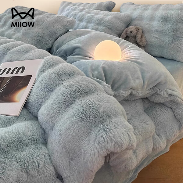 猫人兔毛绒冬季床上四件套牛奶绒被套床单保暖双面加绒加厚防静电三 海蓝【皮草级舒适保暖】 1.5/1.8m 床单款 【四件套】