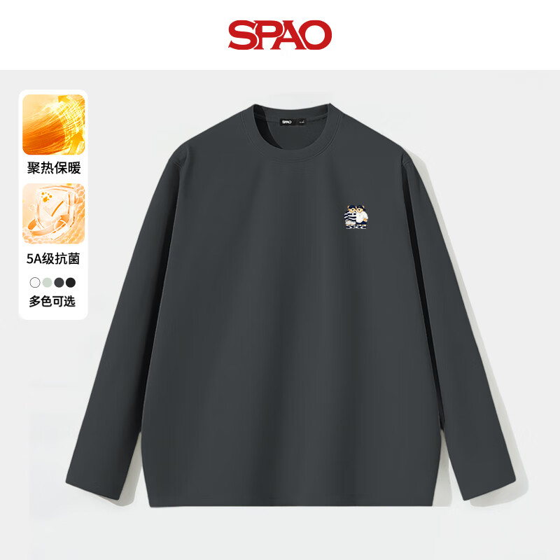 SPAO韩国同款小熊圆领长袖T恤男秋冬加厚保暖休闲打底衫SPCX25SG02LD 中灰#SP两只小熊蓝-贴布绣 XL