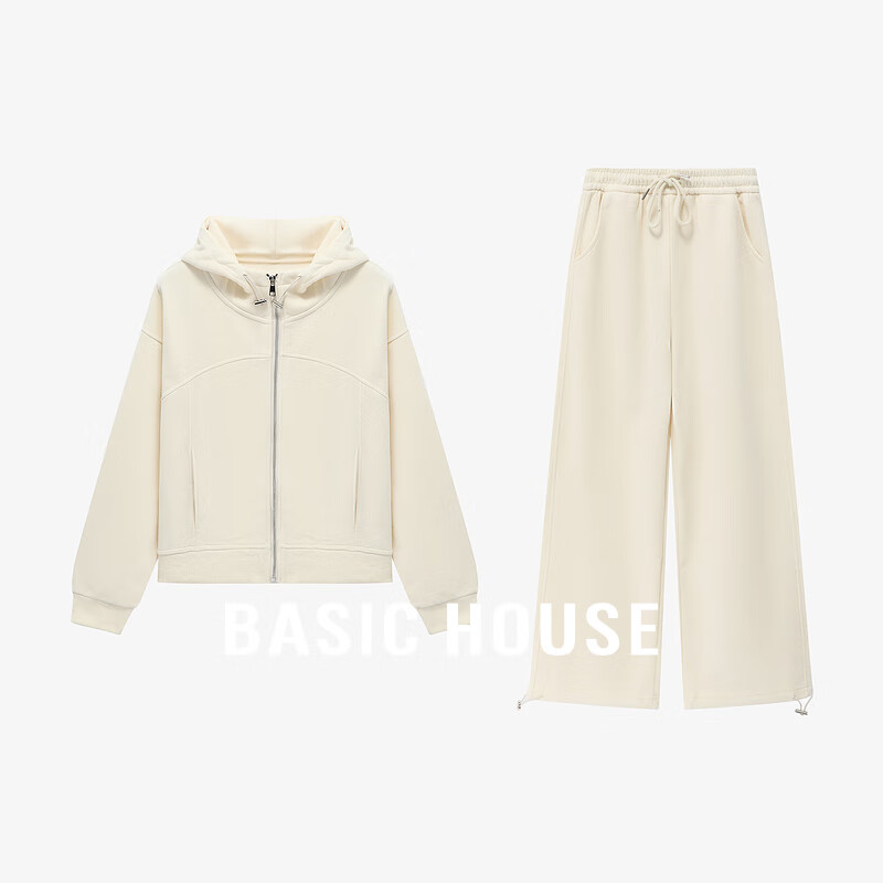 Basic House/百家好2025秋季连帽拉链卫衣休闲宽松阔腿裤二件套女 杏色 L