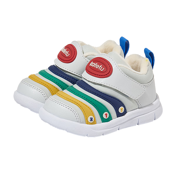 卡特兔宝宝学步鞋婴幼儿棉鞋男女童秋冬加绒保暖运动鞋1-5岁毛毛虫童鞋 米白蓝(加绒) 24 内长14.5cm 脚长13.5-14.1