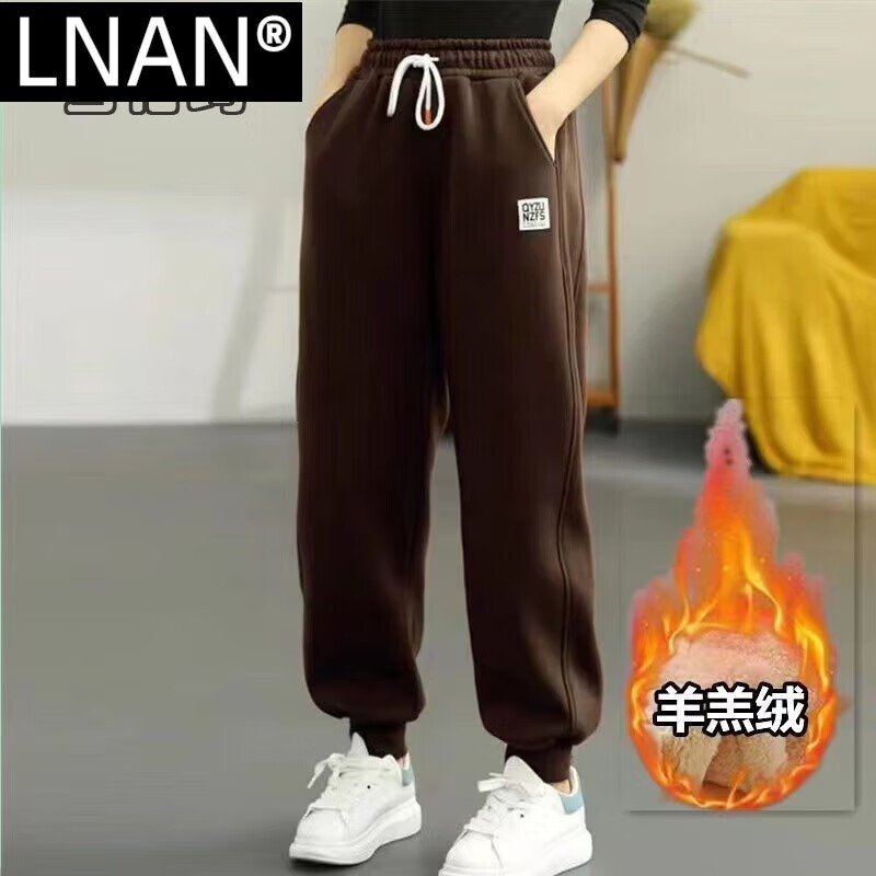 LNAN女装秋冬加绒加厚休闲卫裤子女新款宽松束脚保暖运动哈伦长裤 咖色936（羊羔绒加厚） 3XL 建议（161-180斤）