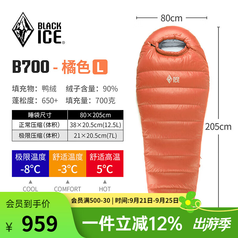 黑冰(BLACKICE)新款B系列羽绒睡袋橘色仅售875.7元