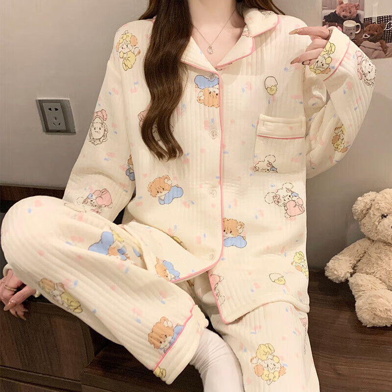 禾回helloKitty夹棉睡衣女冬季甜美卡通空气棉加厚学生休闲家居服套装 小狗 夹层 L （100-120斤）