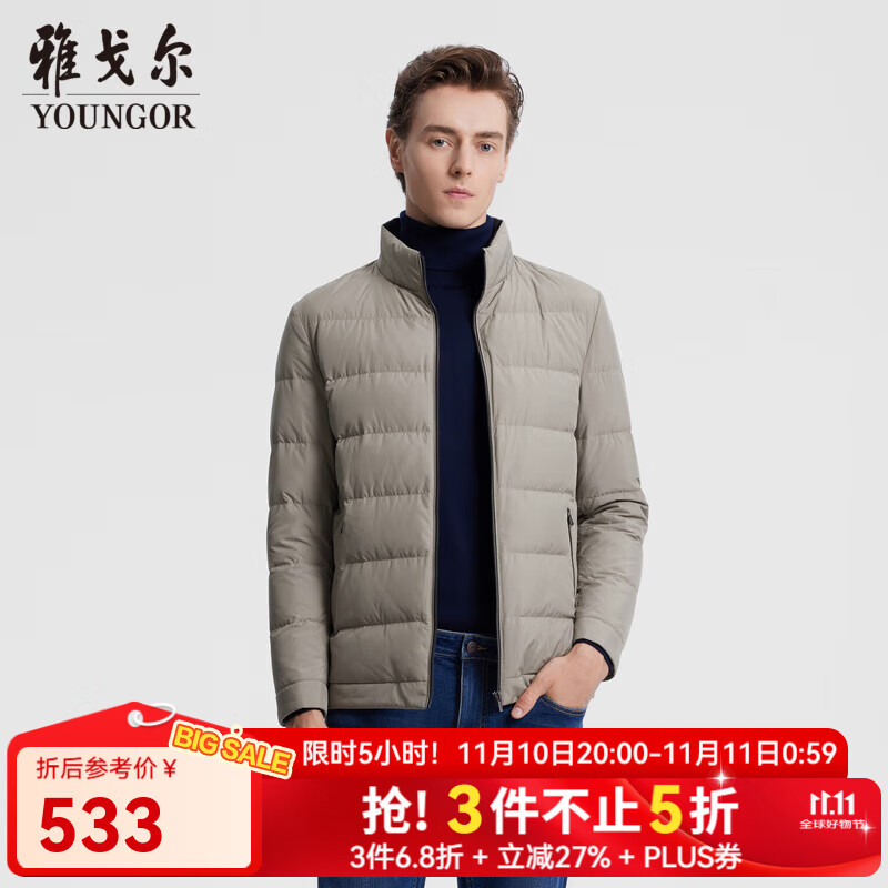 雅戈尔（YOUNGOR）羽绒服男立领羽绒服面料柔软舒适百搭轻薄羽绒服轻盈保暖 卡其 L 175/96A