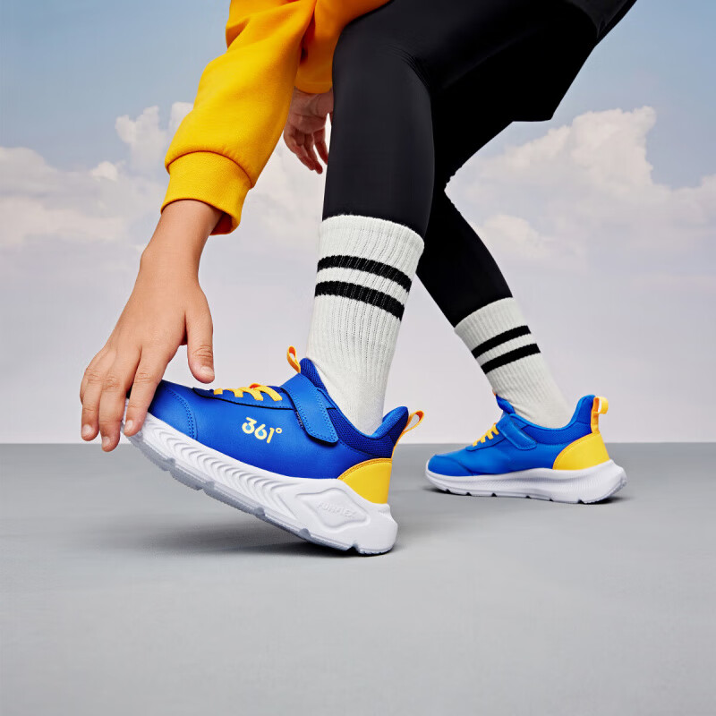 361°儿童运动鞋男童跑鞋秋冬密网轻便魔术贴女童皮革加绒保暖运动鞋 【皮革】科幻蓝色/荧光芒果橙 41