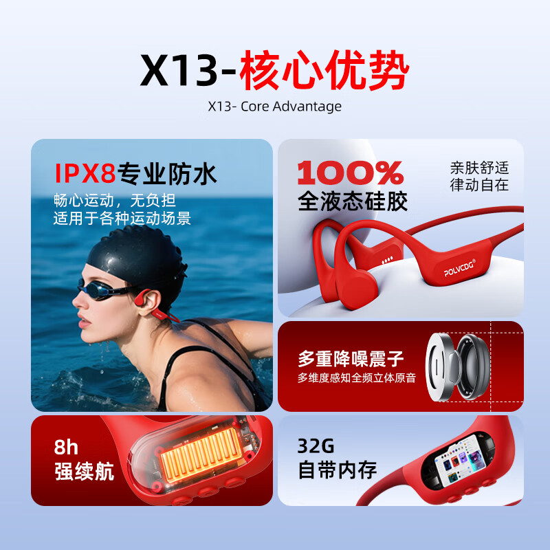 铂典(POLVCDG)X13骨传导耳机游泳耳机 运动无线蓝牙耳机挂耳式不入耳耳机跑步骑行徒步马拉松 适配苹果17pro安卓 枫叶红【32G顶配 千元硅胶材质】