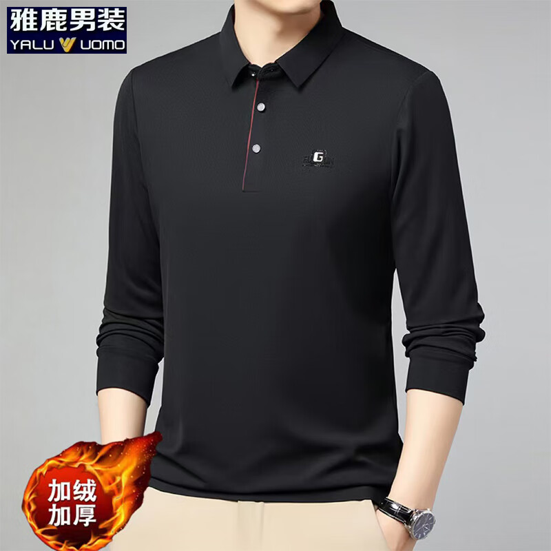 雅鹿男装加绒长袖t恤男冬季新款翻领印花宽松男士polo中老年爸爸装上衣 黑色加绒 L (170) （建议120-135斤）