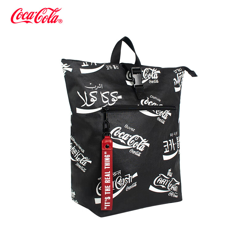 可口可乐(Coca-Cola)双肩包字母logo印花潮流运动休闲通勤包男女学生大容量电脑背包 黑色