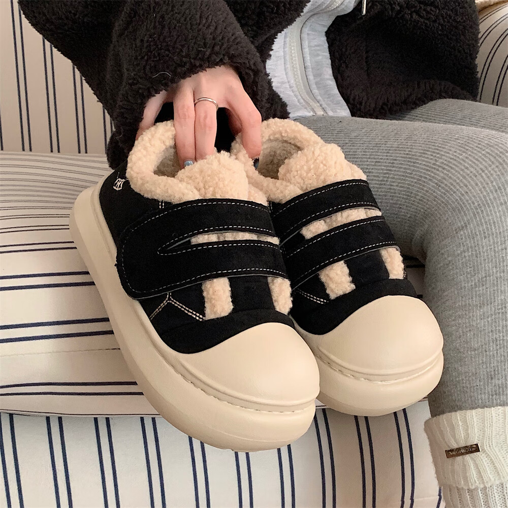 细细条（XIXITIAO）加绒魔术贴厚底毛毛鞋女冬季百搭保暖运动休闲板鞋棉鞋ins 黑色【时尚复古撞色】 36-37 【标准码】
