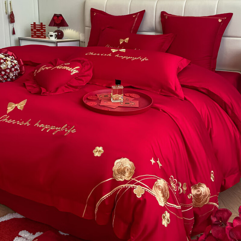 水星系列家纺喜庆结婚四件套婚庆纯棉全棉床单被套大红色喜被新婚嫁房床上用品 玫瑰-大红色 四件套 x 1.5m床单款被套200*230