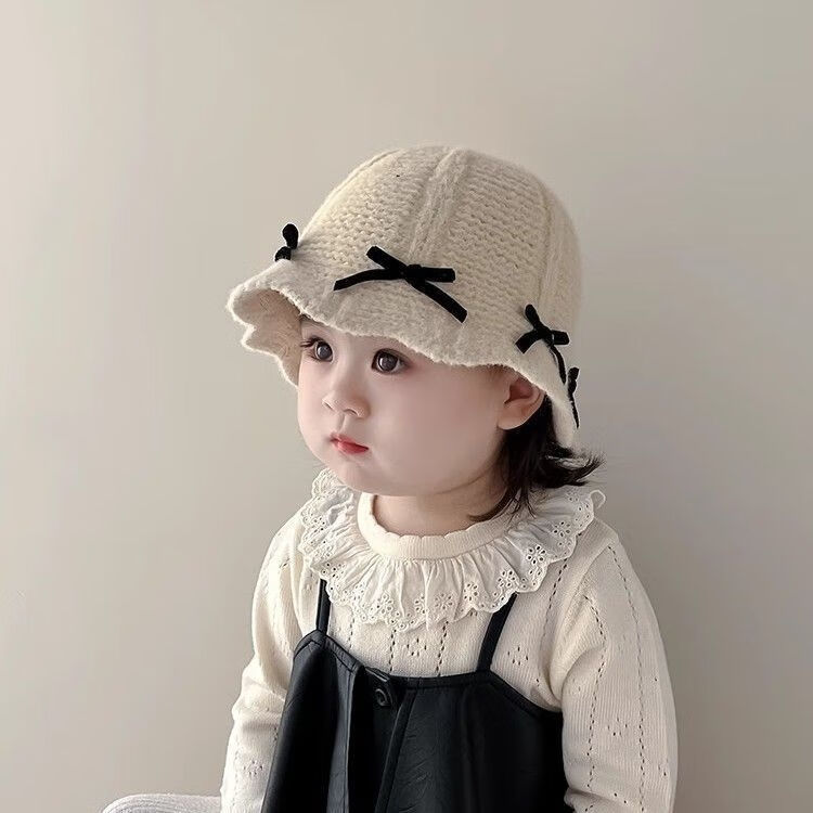 G.duck小黄鸭女童韩国甜美蝴蝶结帽子秋冬季保暖防风针织渔夫帽毛线盆帽 米色-黑色蝴蝶结款毛线渔夫帽 建议年龄18个月-3岁【48-50cm】