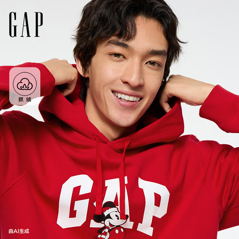 盖璞Gap男女装冬季款logo红色新年连帽抓绒卫衣美版767515 红色 M 美码  L亚洲码180/96A