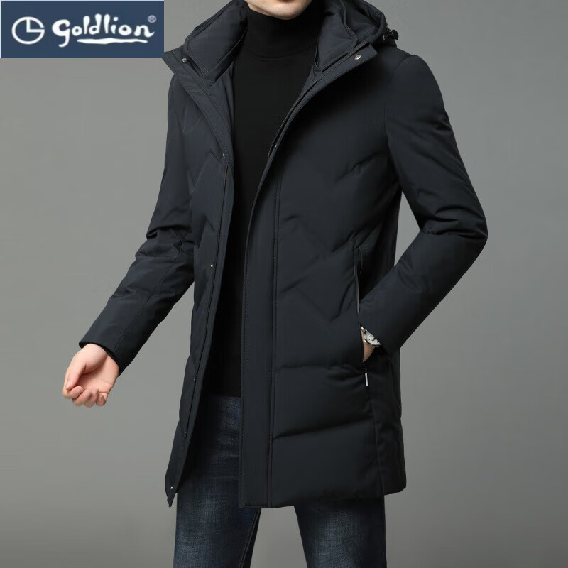 GOLDLION G+金利来冬季白鸭绒男士羽绒服中长款连帽防寒外套男秋冬季保暖加厚 虾青 4XL 195