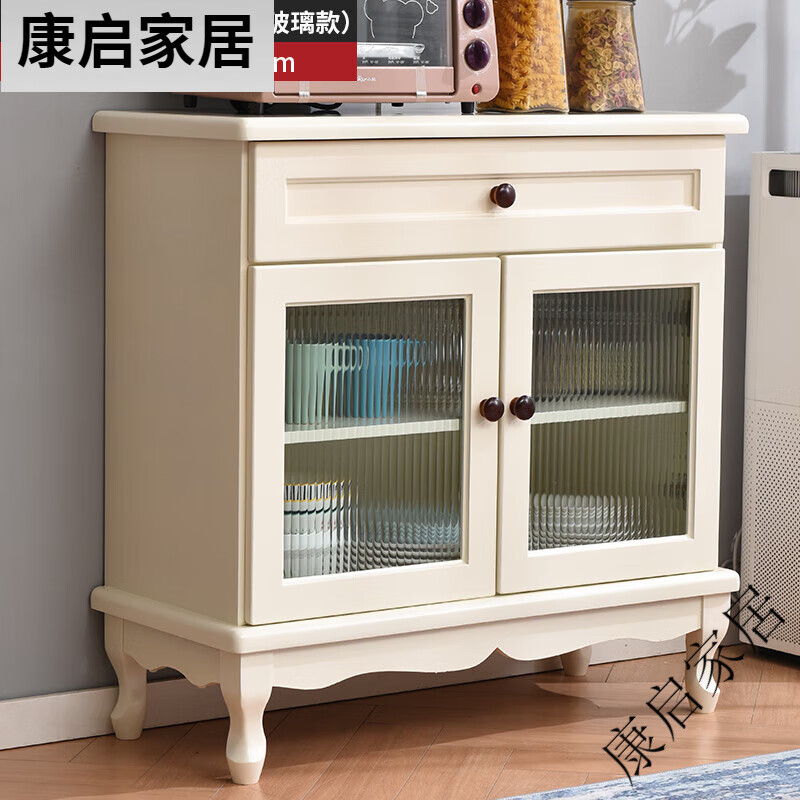 歪脖树（WAIBOSHU）美式餐边柜实木酒柜客厅靠墙家用茶水柜餐边储物柜碗柜餐厅置物柜 新款两门一斗(玻璃款)象牙白 圆木把手