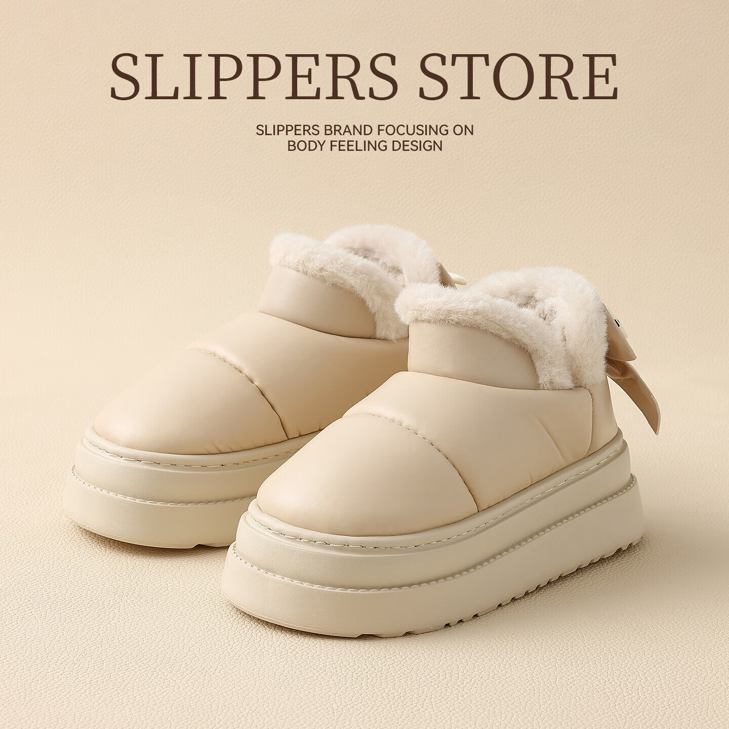 FZT高帮棉拖鞋女士可外穿加厚加绒保暖PU防水鞋面耐磨防滑雪地靴男士 米白蝴蝶结 36-37 正码