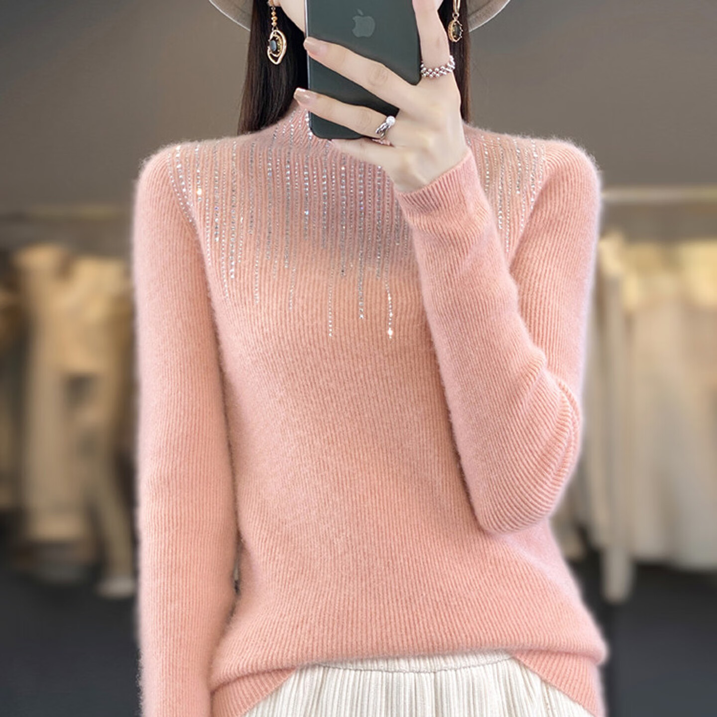 香影芬半高领镶钻秋冬毛衣女2025新款一线成衣毛衣修身显瘦打底衫针织衫 原绒米 2XL (建议125-135斤)