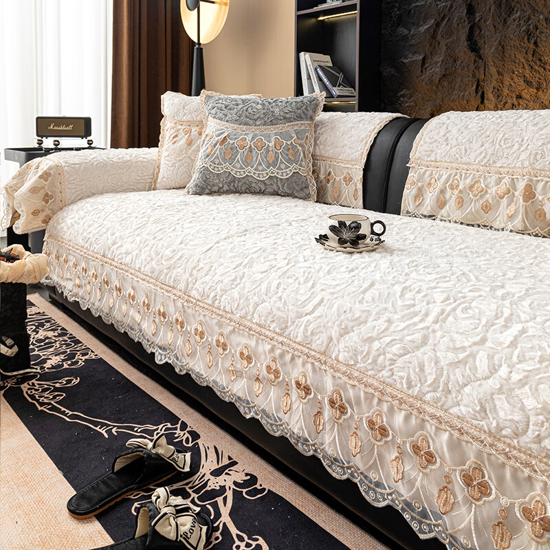 缔卓怡法式复古裙边沙发垫2025新款秋冬加厚皮沙发专用套罩防滑盖布 玫园-米白(浪漫裙摆 精致优雅) 70cm+15cm花边*70cm