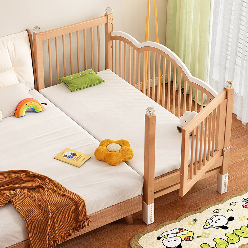 贝幸福榉木儿童拼接床实木婴儿床拼接大床可升降护栏加宽床边宝宝单人床 侧升尾门款+10cm空气纤维垫+床围 200*100cm【可升降】