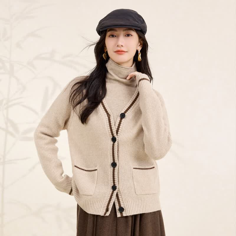 春竹100%绵羊毛26春季新款V领慵懒风洋气高级感保暖女针织开衫外套 杏色 XL (125-140斤)