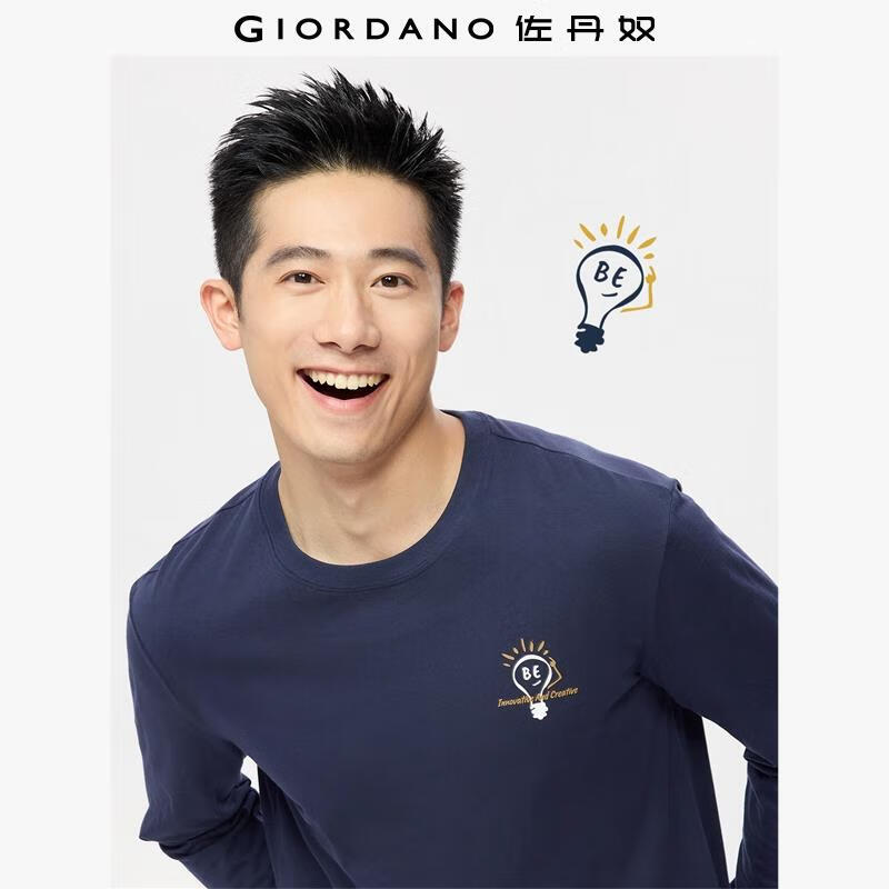 佐丹奴长袖T恤男新款纯棉t恤衫动物灯泡主题印花圆领上衣01095782 46标志军蓝 L