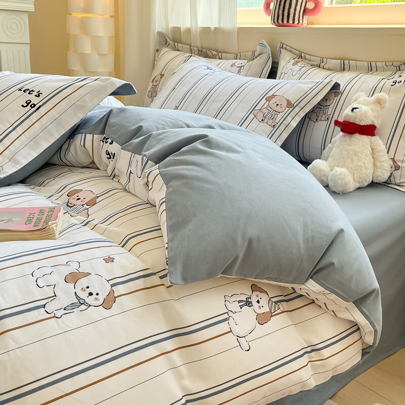 AIDLIA类全棉磨毛床上四件套纯棉床单被套床笠保暖床品套件 A趣味小狗 1.5/1.8m床 床单款 （被套200*230cm）
